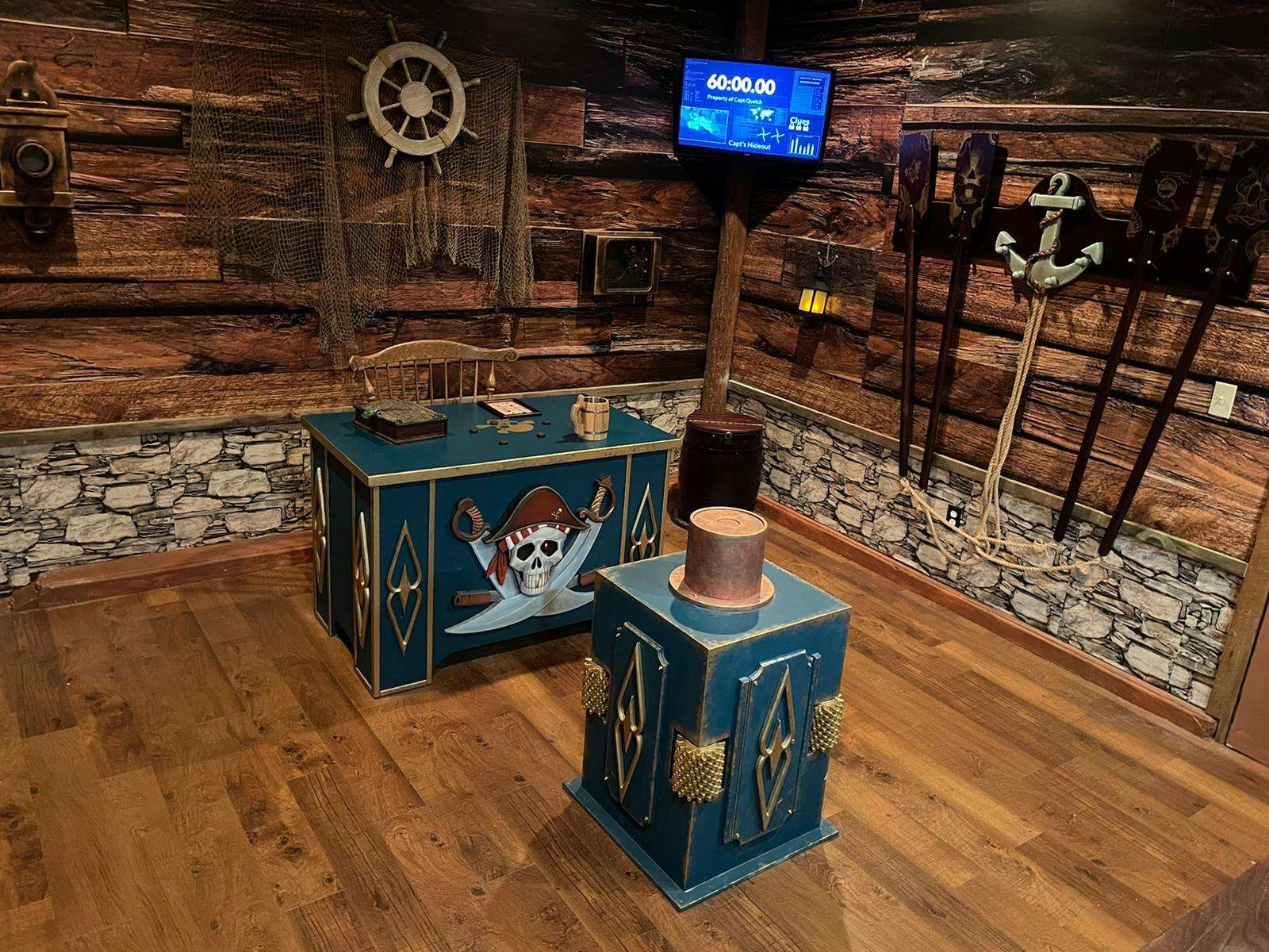 Legend of the Shoals pirate escape room by Indestroom at Monkey Mind, Portsmouth: the captain's desk and painted chest