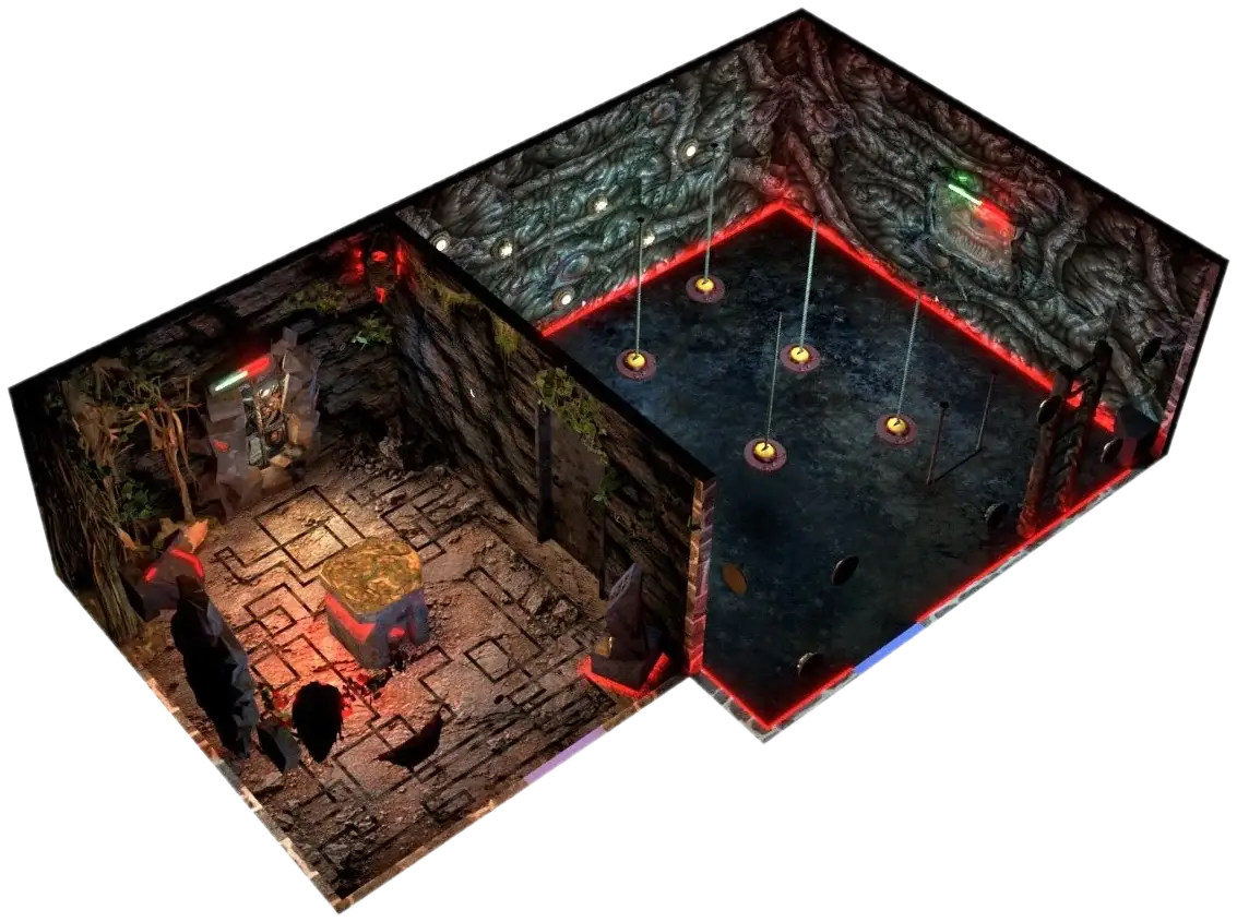 3D layout of the Monstroom escape room and action game: two connected rooms from 30 m2