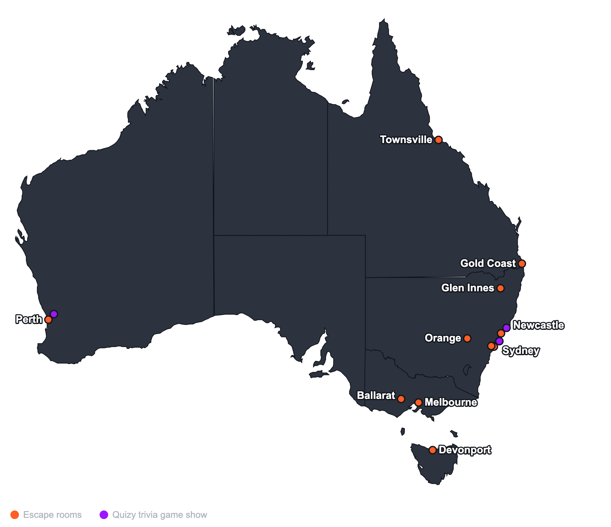 Map of Indestroom escape rooms and Quizy game shows across Australia